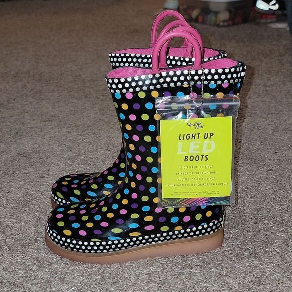 New Western Chief Diva Dot LED Light Up Rubber Rain Boots Size 1 - Picture 1 of 9